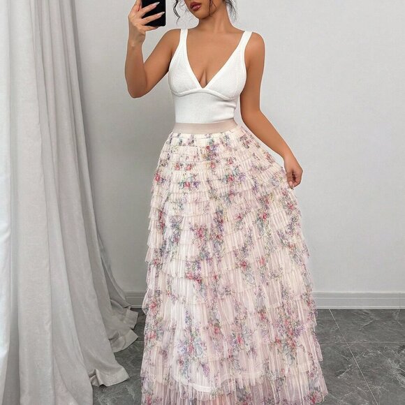 Multicolor Boho Women's Romantic Floral Mesh Skirt - Picture 7 of 8